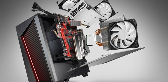 Geöffneter Gaming-PC mit sichtbaren Hardware-Komponenten und bunten Lichteffekten